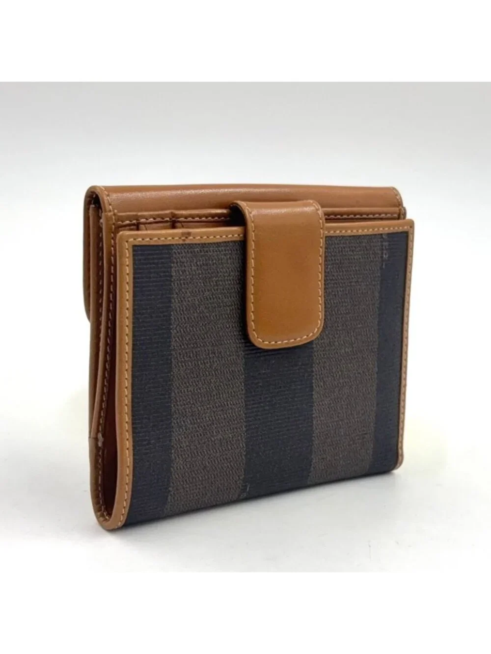 Fendi Pecan Leather Brown Beige Snap Wallet Gold